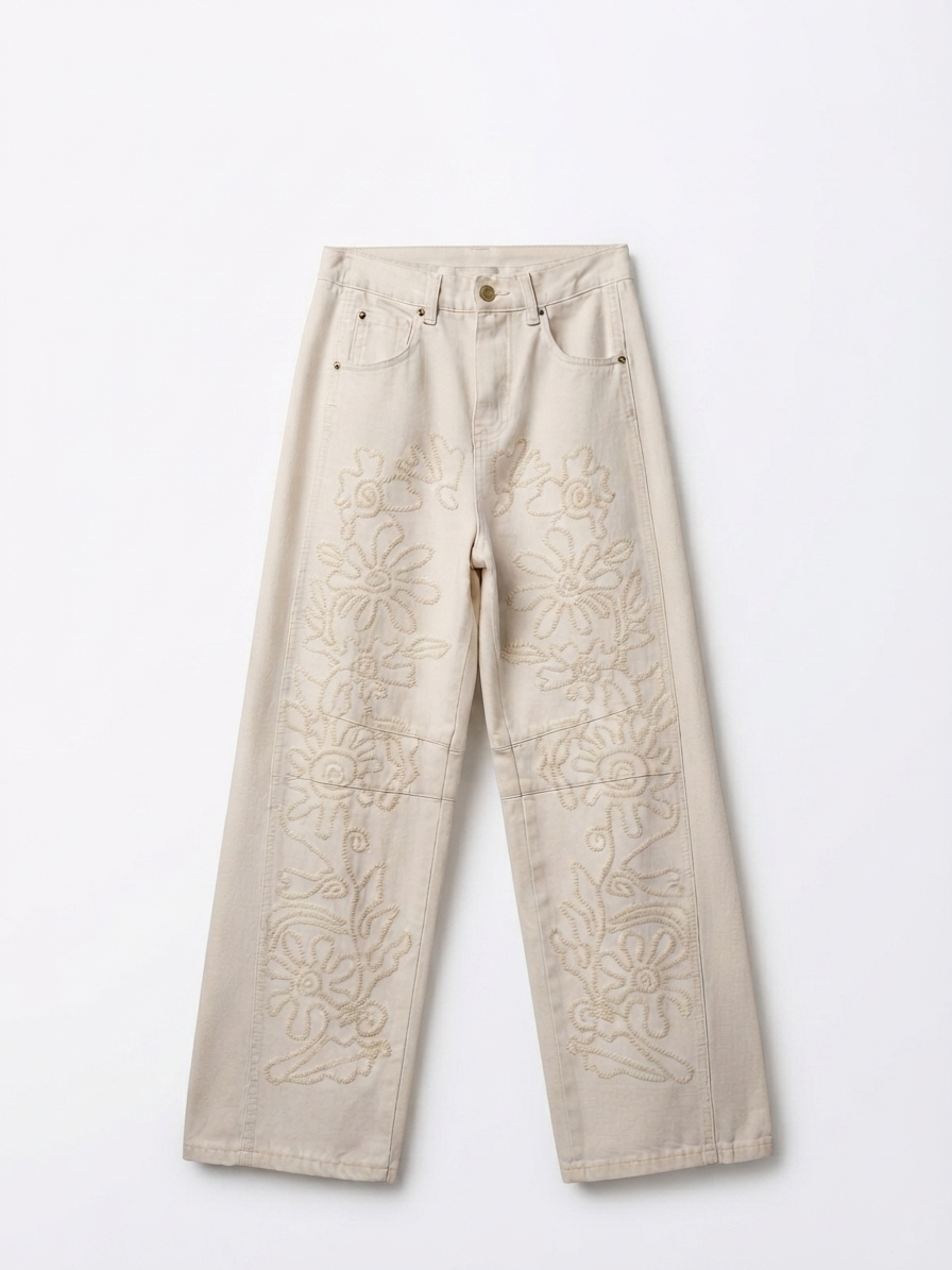 Pantalon Beige Flores Bordado