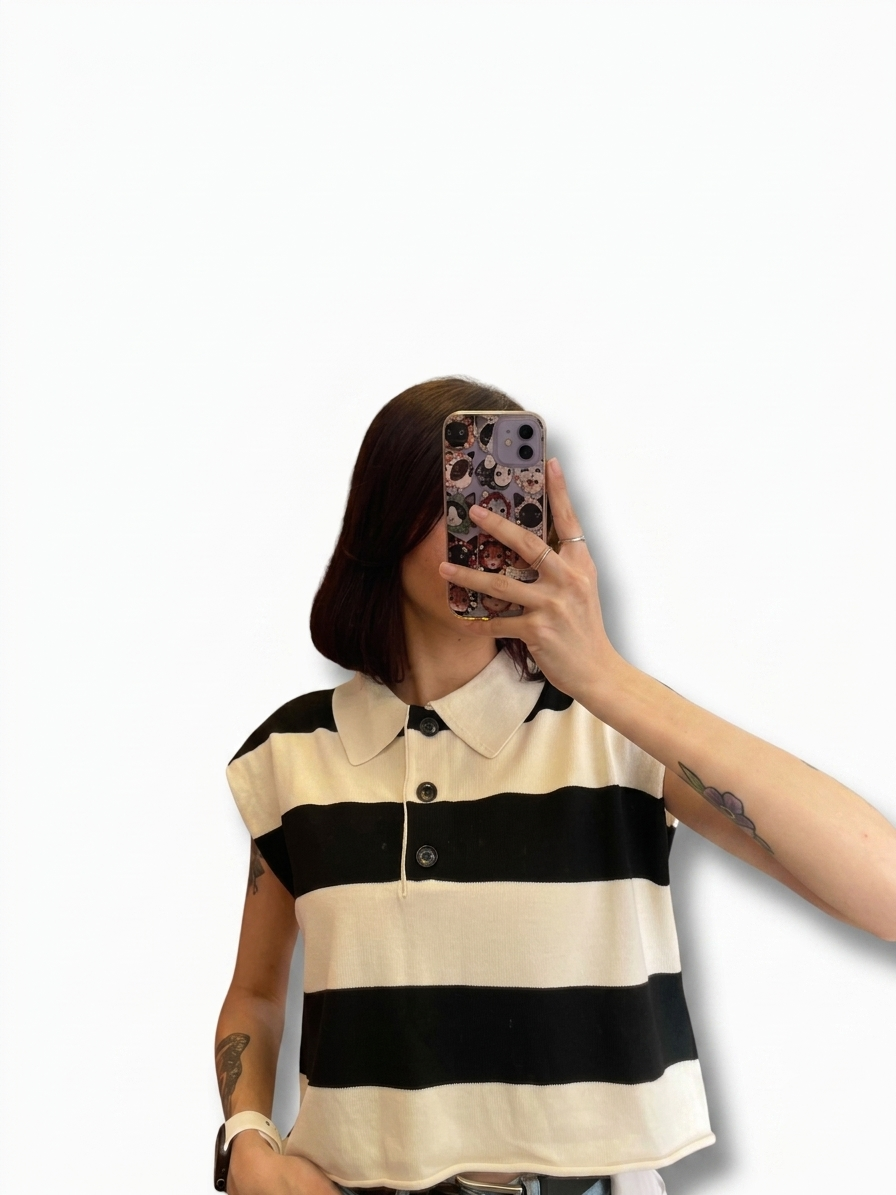 Blusa Blanca Rayas Negras Cuello - Imagen 2