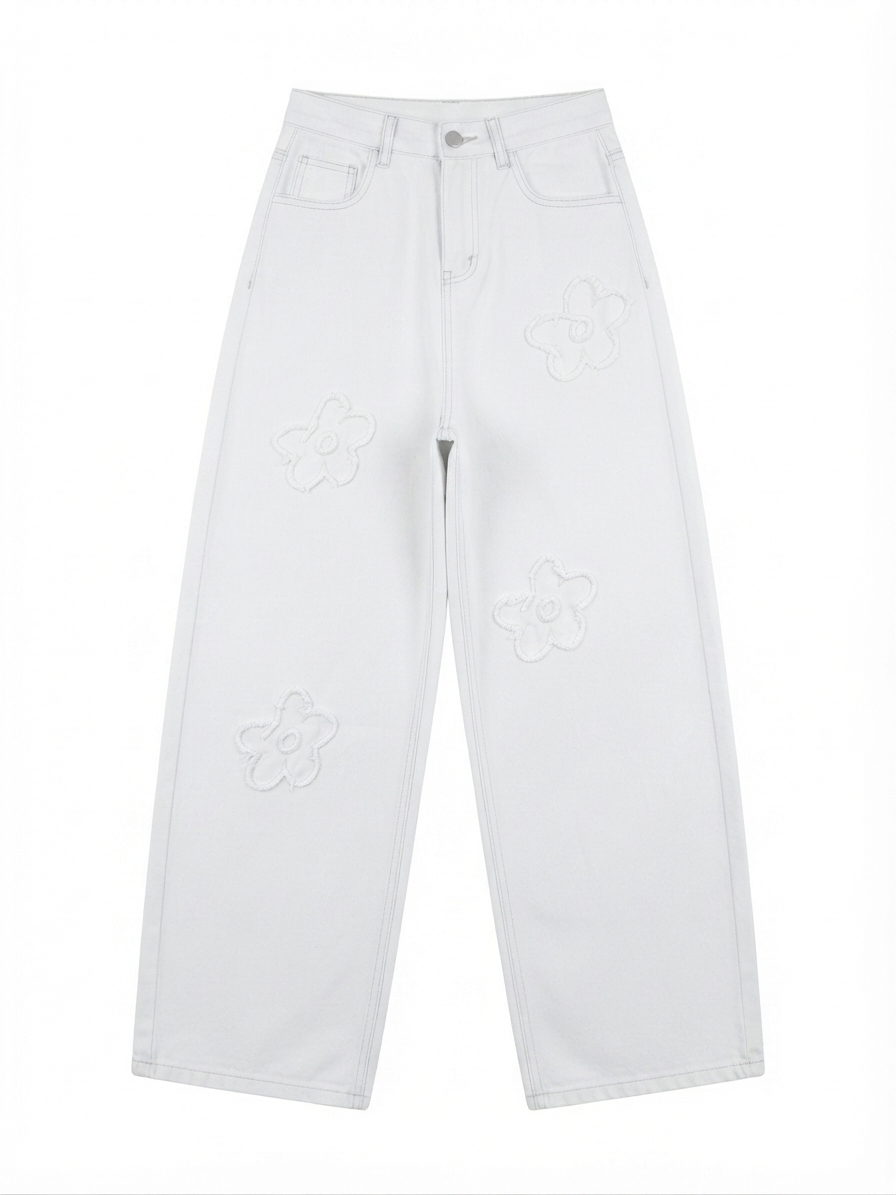 Pantalon Barrel Blanco Flores Bordadas