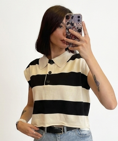 Blusa Blanca Rayas Negras Cuello - Imagen 4