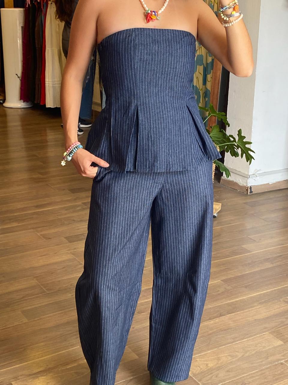 Pantalon Rayas Barrel Mezclilla - Imagen 2