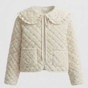 Chamarra Flores Blanca Matelasseada Cuello Bobo