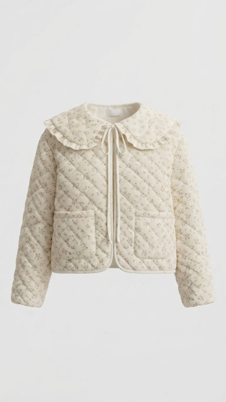 Chamarra Flores Blanca Matelasseada Cuello Bobo