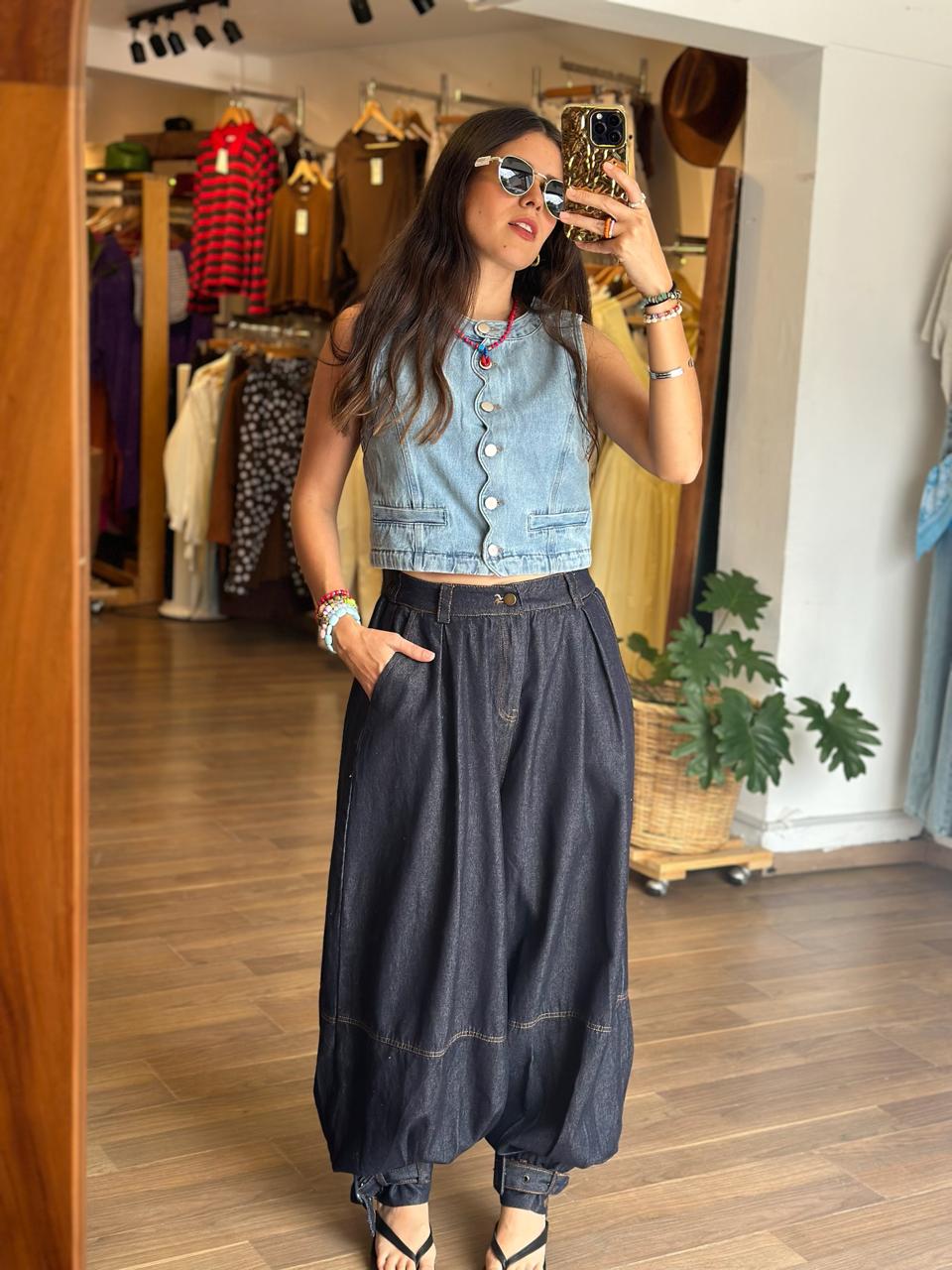 Blusa Mezclilla Manga Corta Olanes - Imagen 3