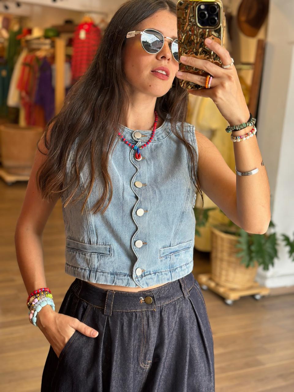 Blusa Mezclilla Manga Corta Olanes - Imagen 2