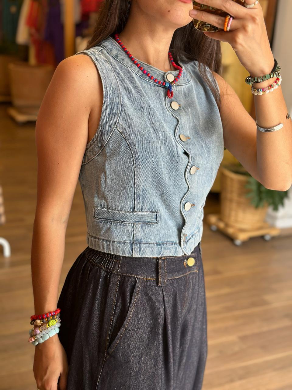 Blusa Mezclilla Manga Corta Olanes - Imagen 4